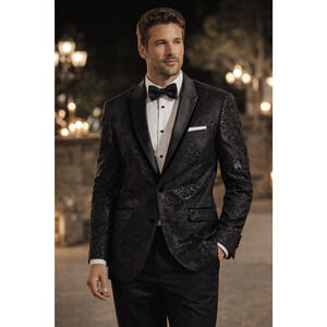 Barabas Mens Black Tuxedo Blazer Size 36R Jacquard Print Slim Fit Formal Prom